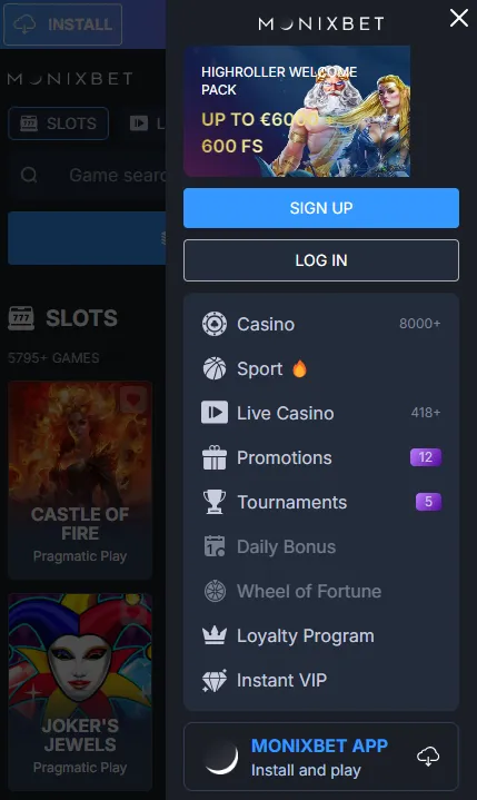 Monixbet mobiel menu